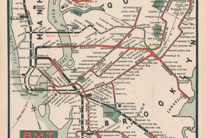 This 1925 map of the Brooklyn-Manhattan Transit (BMT) lines used color coding to distinguish between elevated lines (shown in red) and underground lines (show in black).<br/>